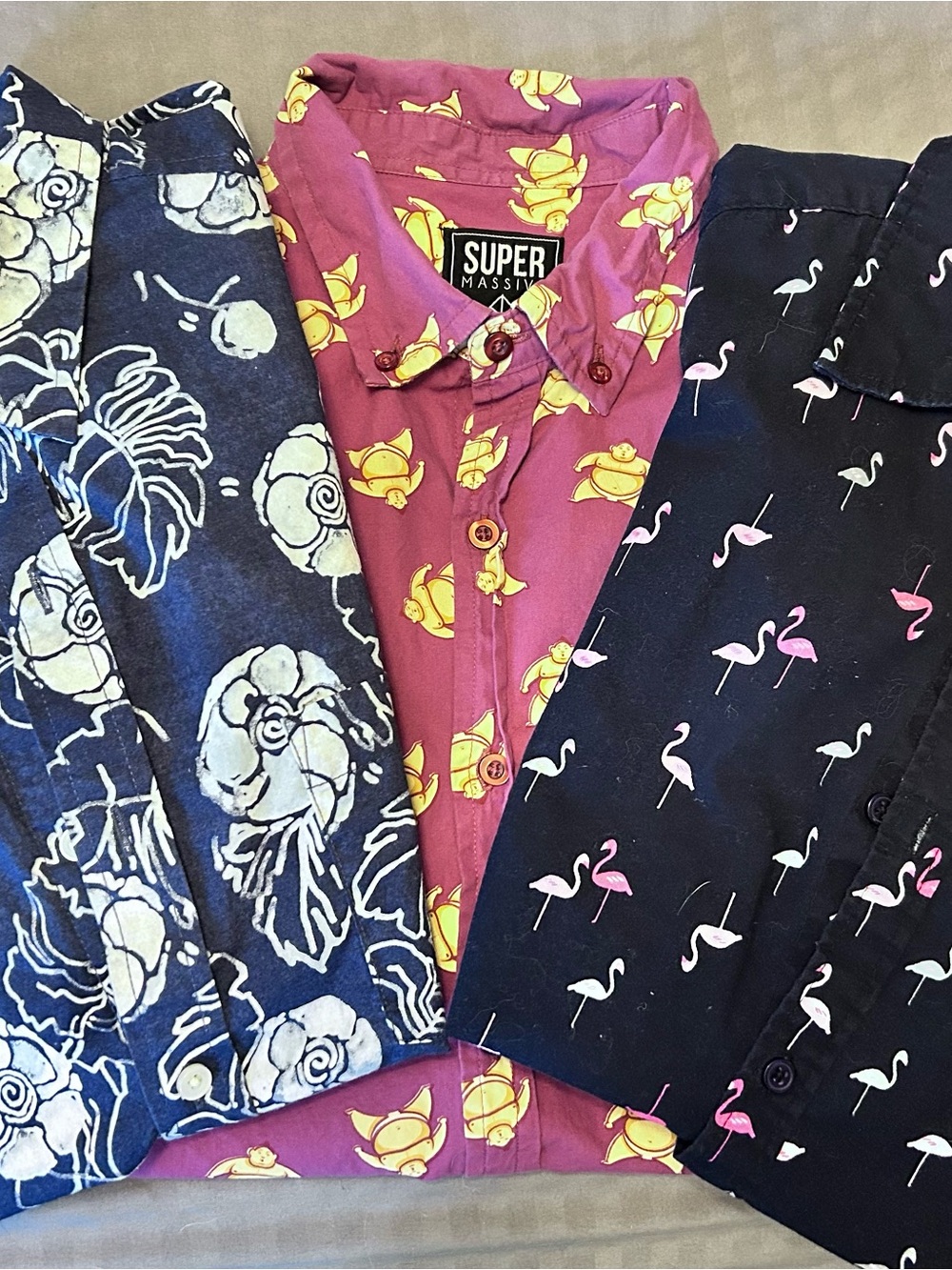 3 Men’s Button-Up Shirts Blue Floral/Flamingo/Sumo